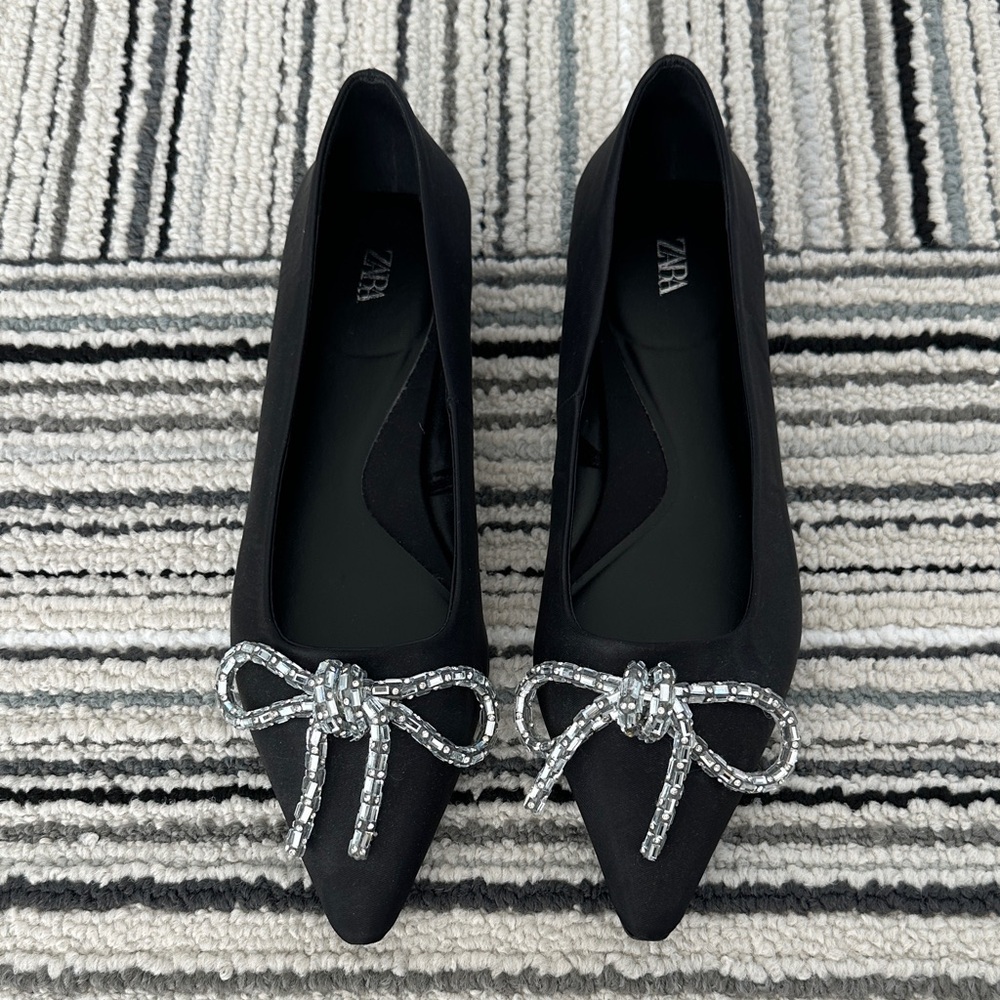 Zara Black Flats with Silver Embellished Bow